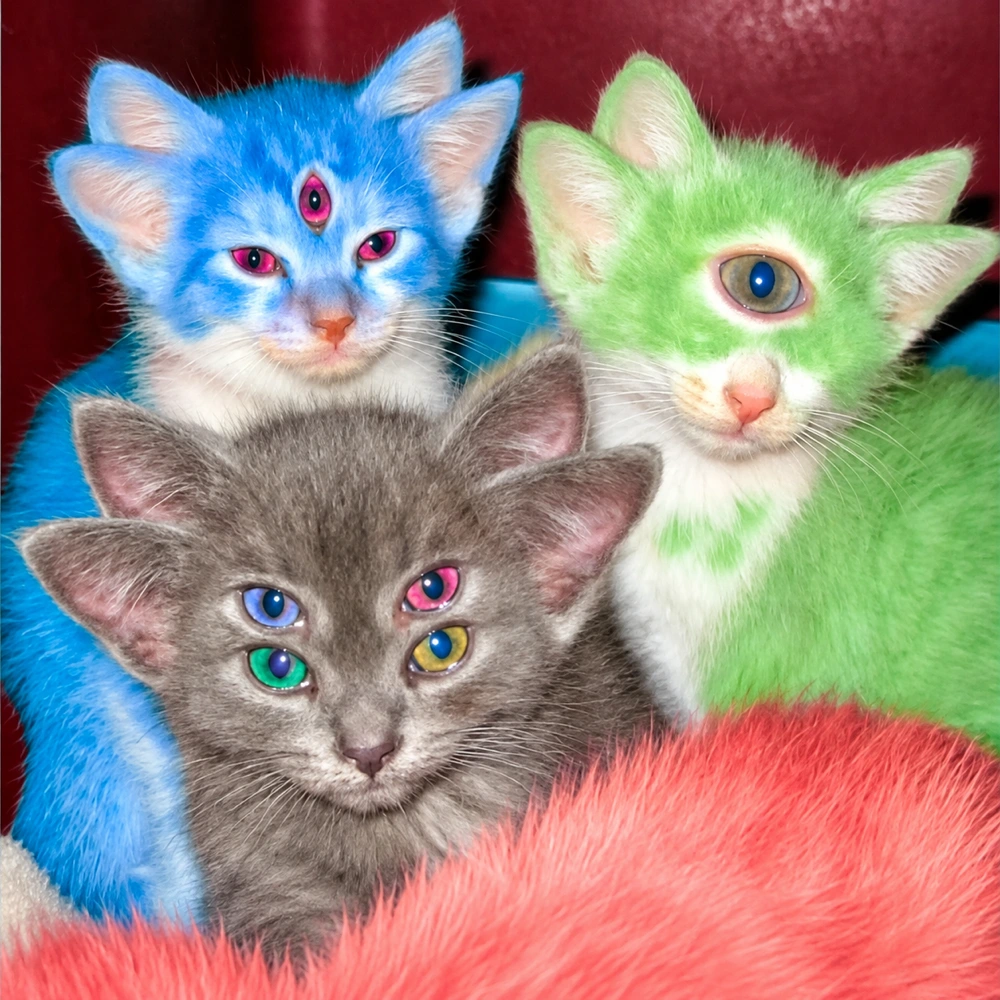 Three fluffy mutant kittens: a blue kitten with three pink eyes, a green cyclops and a gray kitten with four colorful eyes.